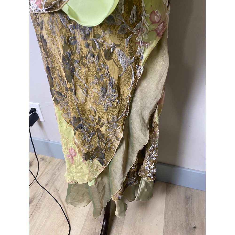 Vintage 90s Silk Burnout Velvet Floral Maxi Dress Chartreuse Green Pink 2-Piece - Picture 3 of 8
